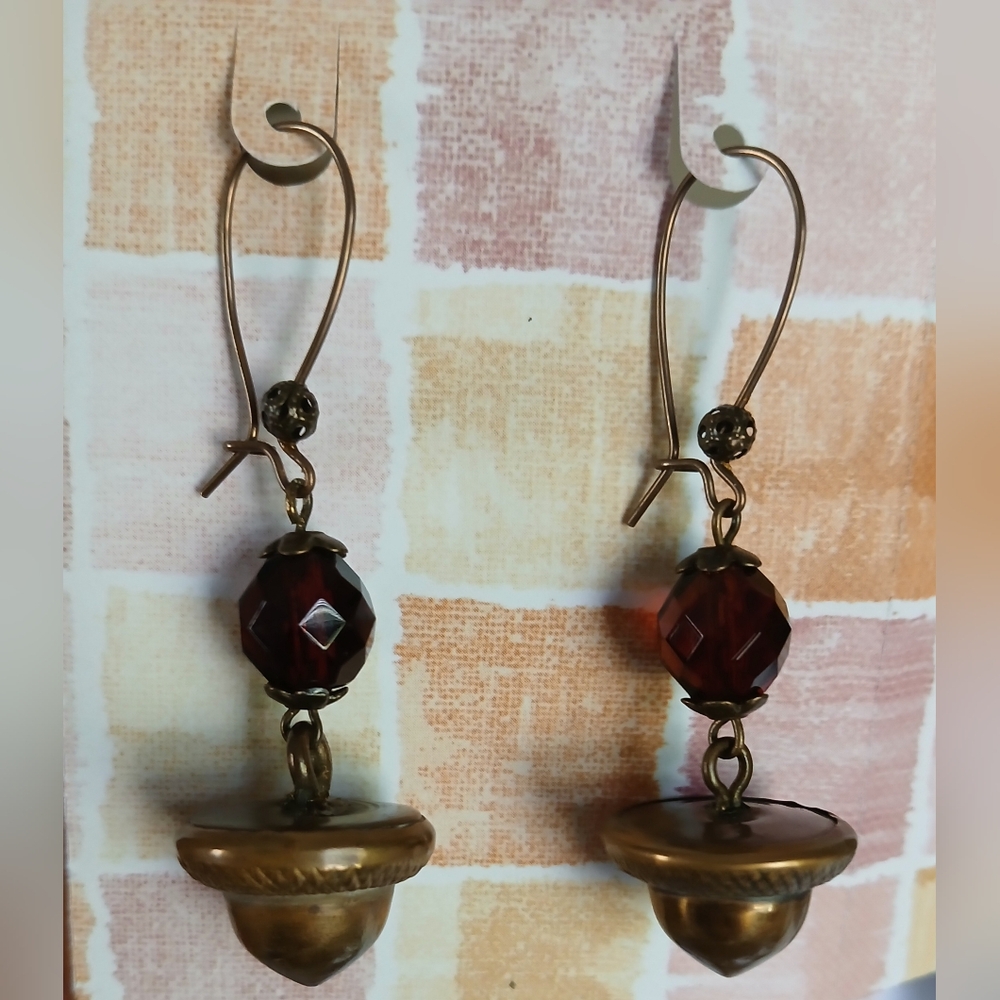 Rare Antique Realistic Brass Acorn Button Earrings, Victorian Boho Western